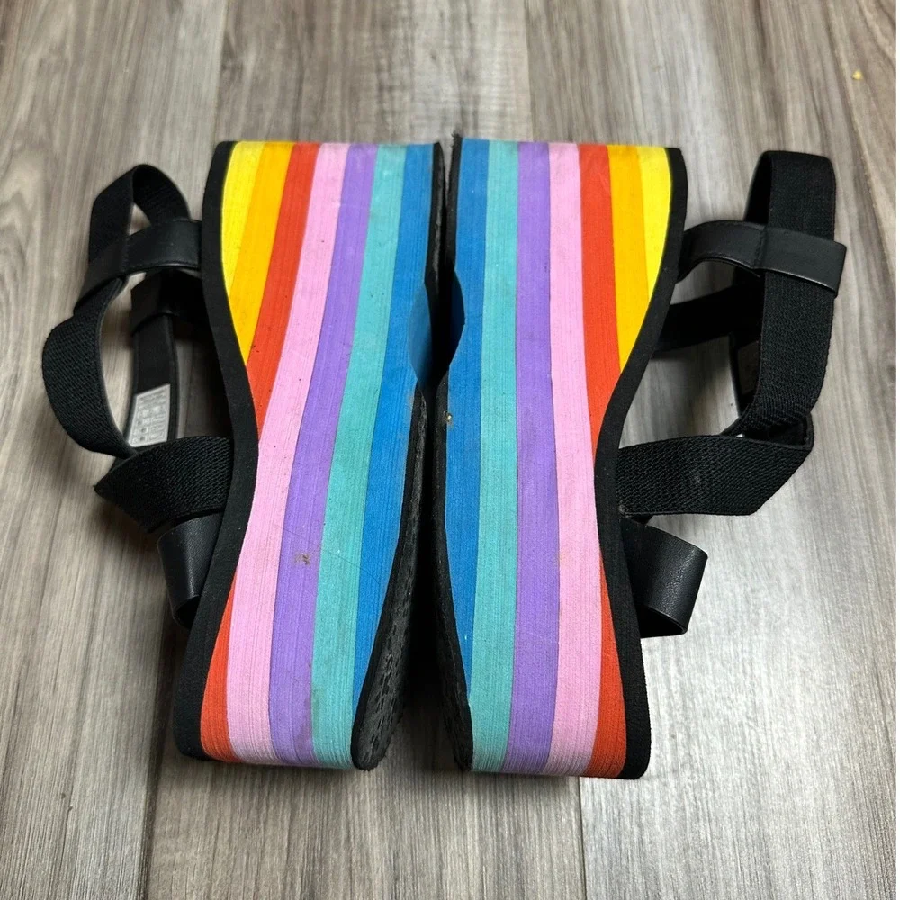 Rocket Dog Rainbow Platform Wedge Sandals Black Elastic Straps Womens Size 8